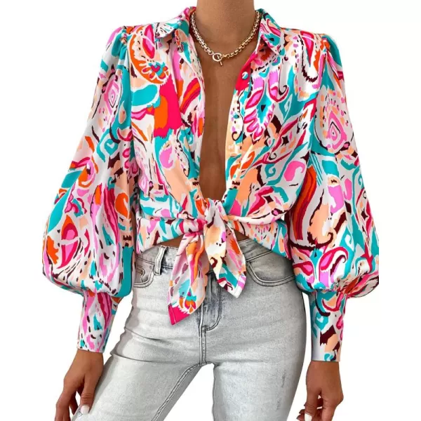 BTFBM Women Fashion Button Down Shirts Lapel V Neck Printed Solid Boho Long Sleeve Blouses Dressy Casual Summer Fall TopMulti Pink Green