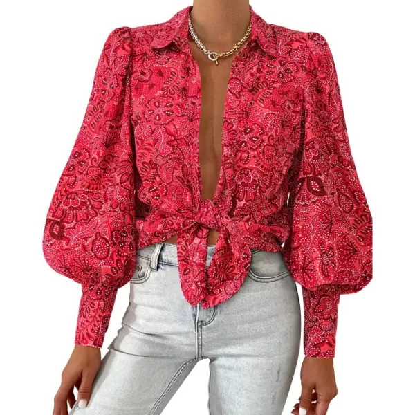 BTFBM Women Fashion Button Down Shirts Lapel V Neck Printed Solid Boho Long Sleeve Blouses Dressy Casual Summer Fall TopMulti Red