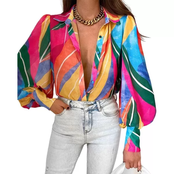 BTFBM Women Fashion Button Down Shirts Lapel V Neck Printed Solid Boho Long Sleeve Blouses Dressy Casual Summer Fall TopMulticolored