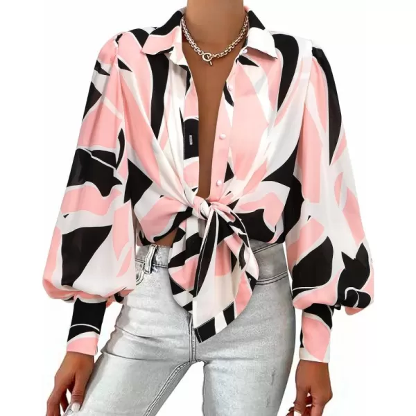 BTFBM Women Fashion Button Down Shirts Lapel V Neck Printed Solid Boho Long Sleeve Blouses Dressy Casual Summer Fall TopPrint Black Pink