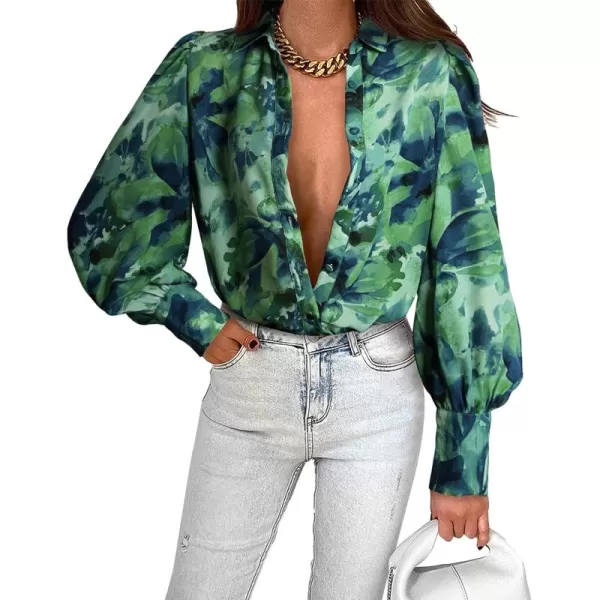 BTFBM Women Fashion Button Down Shirts Lapel V Neck Printed Solid Boho Long Sleeve Blouses Dressy Casual Summer Fall TopPrint Green