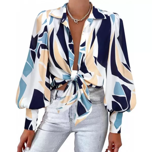 BTFBM Women Fashion Button Down Shirts Lapel V Neck Printed Solid Boho Long Sleeve Blouses Dressy Casual Summer Fall TopPrint Navy