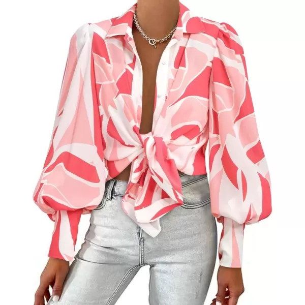 BTFBM Women Fashion Button Down Shirts Lapel V Neck Printed Solid Boho Long Sleeve Blouses Dressy Casual Summer Fall TopPrint Pink
