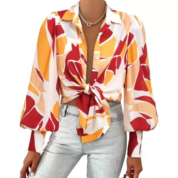 BTFBM Women Fashion Button Down Shirts Lapel V Neck Printed Solid Boho Long Sleeve Blouses Dressy Casual Summer Fall TopPrint Red Brown