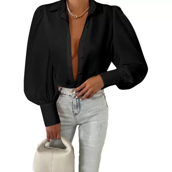 BTFBM Women Fashion Button Down Shirts Lapel V Neck Printed Solid Boho Long Sleeve Blouses Dressy Casual Summer Fall TopSolid Black