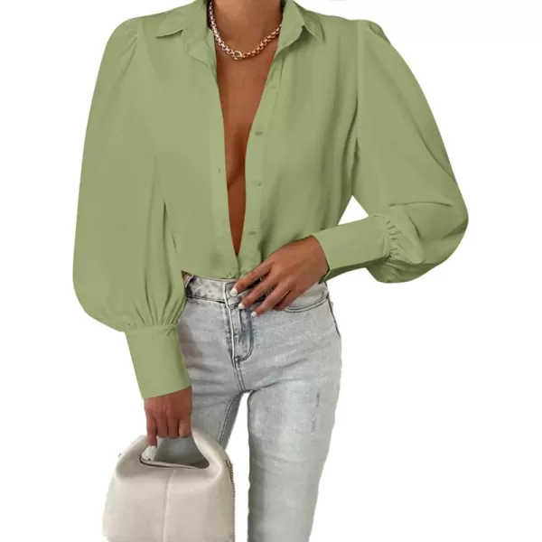 BTFBM Women Fashion Button Down Shirts Lapel V Neck Printed Solid Boho Long Sleeve Blouses Dressy Casual Summer Fall TopSolid Green