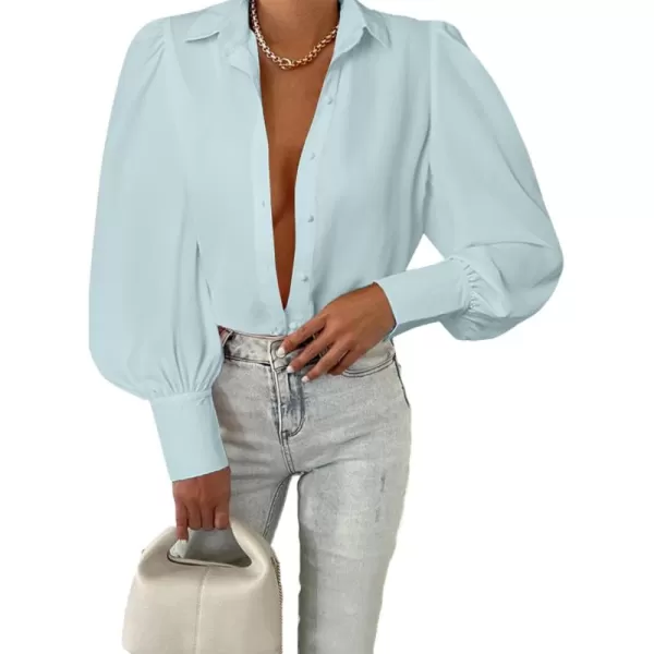 BTFBM Women Fashion Button Down Shirts Lapel V Neck Printed Solid Boho Long Sleeve Blouses Dressy Casual Summer Fall TopSolid Light Blue