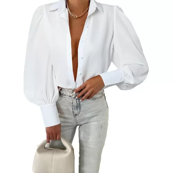 BTFBM Women Fashion Button Down Shirts Lapel V Neck Printed Solid Boho Long Sleeve Blouses Dressy Casual Summer Fall TopSolid White