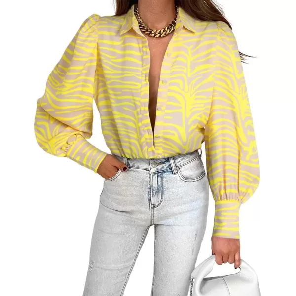 BTFBM Women Fashion Button Down Shirts Lapel V Neck Printed Solid Boho Long Sleeve Blouses Dressy Casual Summer Fall TopStriped Yellow