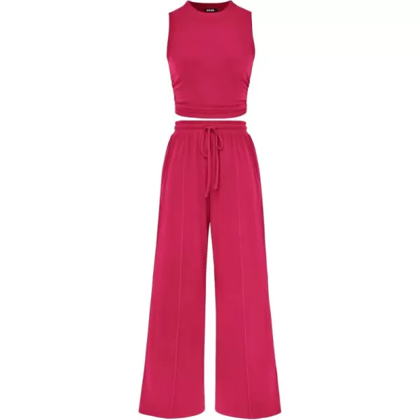 BTFBM Women Summer 2 Piece Outfits Ribbed Knit Crew Neck Sleeveless Cropped Top Elastic Waist Wide Leg Pants Lounge SetSolid Rose Red