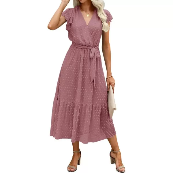 BTFBM Women Summer Bohemian Floral Casual Wrap V Neck Ruffle Cap Sleeveless Belt ALine Pleated Hem Midi Sun Dress WhiteSwiss Dot Bean Paste Red