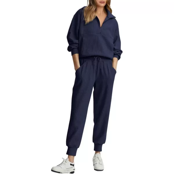 BTFBM Womens 2 Piece Tracksuit Fall Outfits 2024 Long Sleeve Half Zip Sweatshirt Sweatpants Lounge Set SweatsuitsSolid Navy
