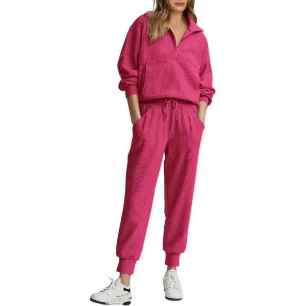 BTFBM Womens 2 Piece Tracksuit Fall Outfits 2024 Long Sleeve Half Zip Sweatshirt Sweatpants Lounge Set SweatsuitsSolid Rose Red