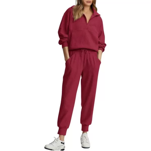 BTFBM Womens 2 Piece Tracksuit Fall Outfits 2024 Long Sleeve Half Zip Sweatshirt Sweatpants Lounge Set SweatsuitsSolid Wine Red