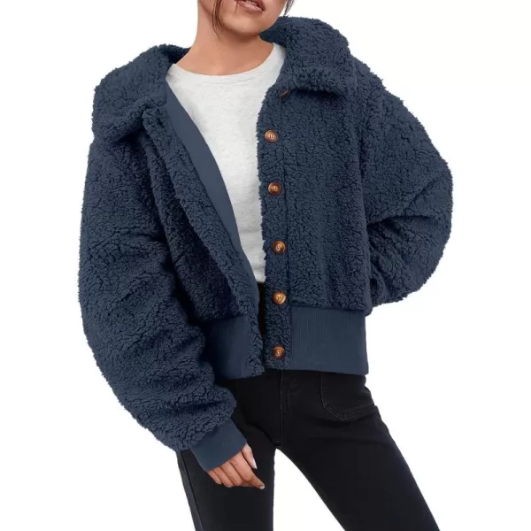 BTFBM Womens Button Down Sherpa Shacket Jacket Long Sleeve Faux Fur Warm Fall Winter Outwear Fuzzy Fleece Short CoatsSolid Dark Blue