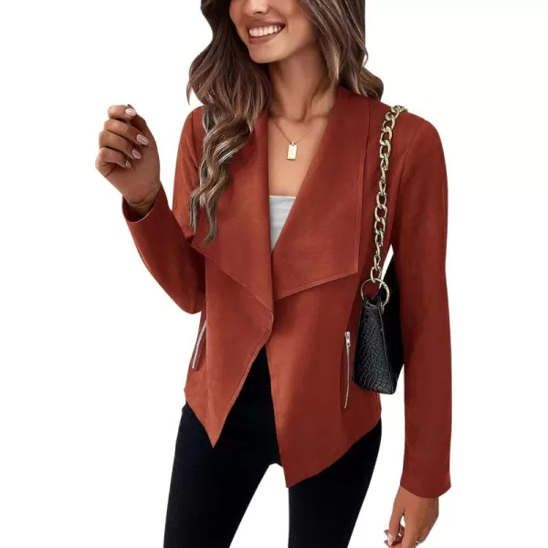 BTFBM Womens Fashion Faux Suede Jackets 2024 Spring Summer Clothes Lapel Long Sleeve Open Front Outerwear Cropped CoatsSolid Rust Red