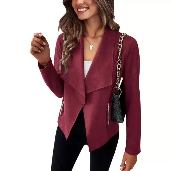 BTFBM Womens Fashion Faux Suede Jackets 2024 Spring Summer Clothes Lapel Long Sleeve Open Front Outerwear Cropped CoatsSolid Wine Red