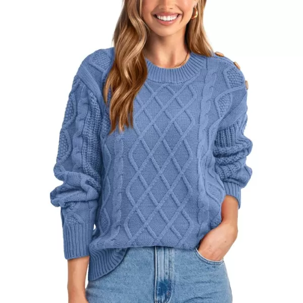 BTFBM Womens Long Sleeve Cable Sweater Crew Neck Button Shoulder Oversized Casual Fall Winter Knit Pullover Jumper TopsSolid Light Blue