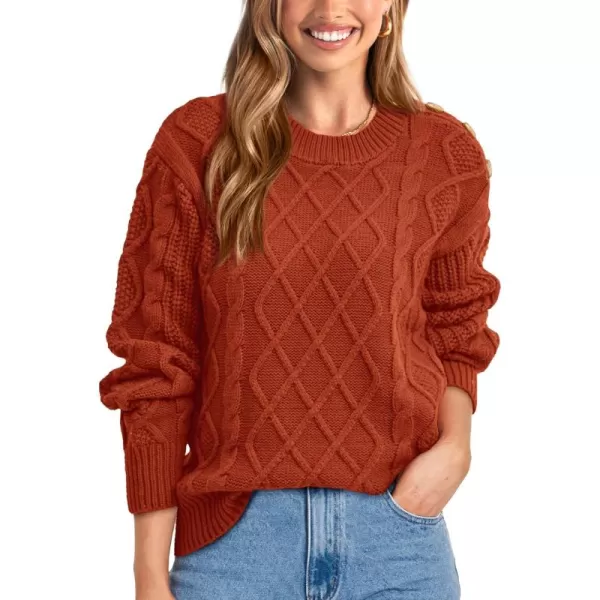 BTFBM Womens Long Sleeve Cable Sweater Crew Neck Button Shoulder Oversized Casual Fall Winter Knit Pullover Jumper TopsSolid Orange Red