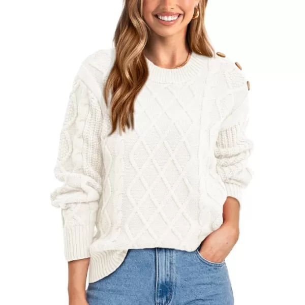 BTFBM Womens Long Sleeve Cable Sweater Crew Neck Button Shoulder Oversized Casual Fall Winter Knit Pullover Jumper TopsSolid White
