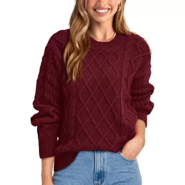 BTFBM Womens Long Sleeve Cable Sweater Crew Neck Button Shoulder Oversized Casual Fall Winter Knit Pullover Jumper TopsSolid Wine Red