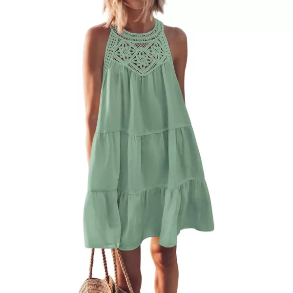 BTFBM Womens Summer Hollow Out Halter Dresses Casual Sleeveless ALine Tiered Swing Sundress Beach Vacation Mini DressSolid Bean Green
