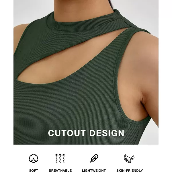 BTFBM Women 2 Piece Outfits Spring Summer Tracksuits Mock Neck Sleeveless Cutout Crop Top Wide Leg Long Pants SweatsuitsSolid Army Green