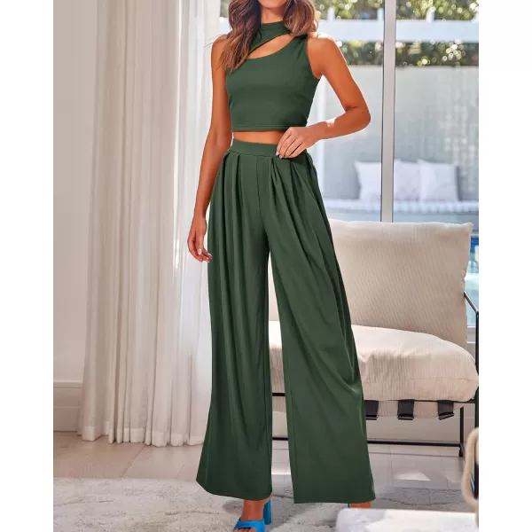 BTFBM Women 2 Piece Outfits Spring Summer Tracksuits Mock Neck Sleeveless Cutout Crop Top Wide Leg Long Pants SweatsuitsSolid Army Green