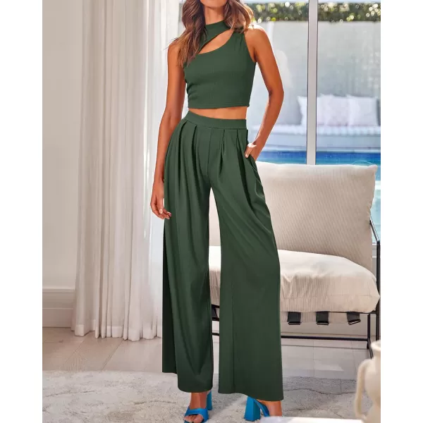 BTFBM Women 2 Piece Outfits Spring Summer Tracksuits Mock Neck Sleeveless Cutout Crop Top Wide Leg Long Pants SweatsuitsSolid Army Green