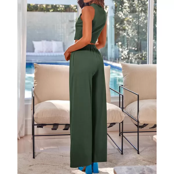 BTFBM Women 2 Piece Outfits Spring Summer Tracksuits Mock Neck Sleeveless Cutout Crop Top Wide Leg Long Pants SweatsuitsSolid Army Green