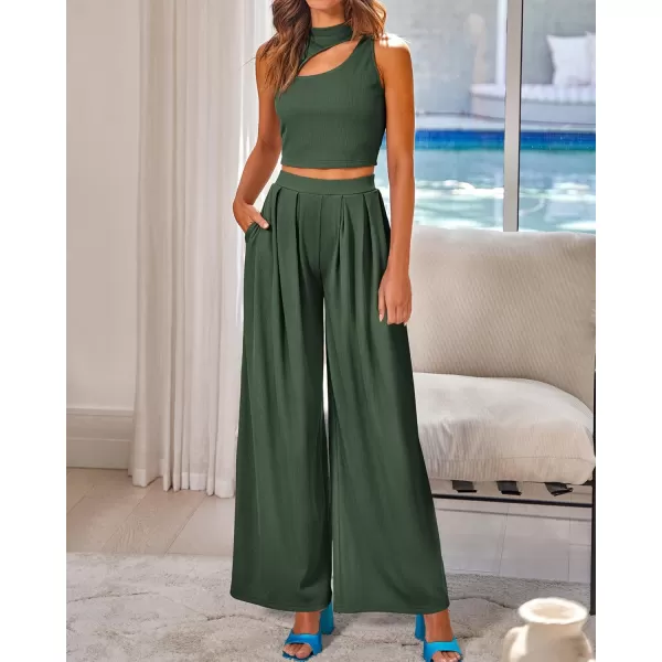 BTFBM Women 2 Piece Outfits Spring Summer Tracksuits Mock Neck Sleeveless Cutout Crop Top Wide Leg Long Pants SweatsuitsSolid Army Green