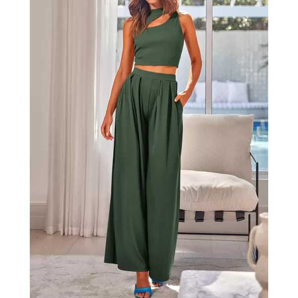 BTFBM Women 2 Piece Outfits Spring Summer Tracksuits Mock Neck Sleeveless Cutout Crop Top Wide Leg Long Pants SweatsuitsSolid Army Green