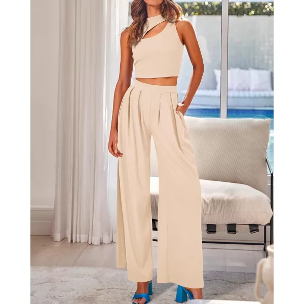BTFBM Women 2 Piece Outfits Spring Summer Tracksuits Mock Neck Sleeveless Cutout Crop Top Wide Leg Long Pants SweatsuitsSolid Beige