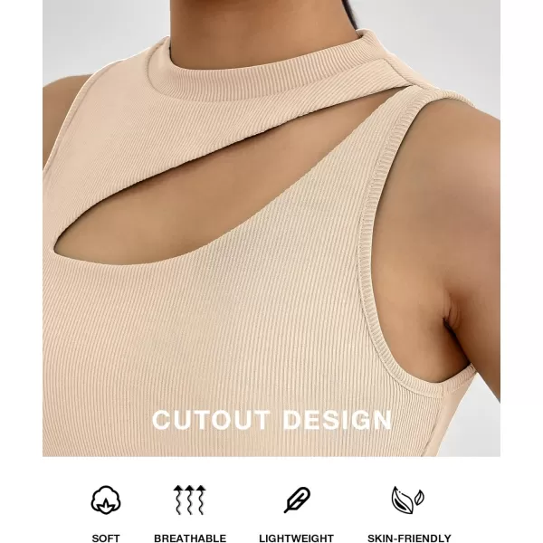 BTFBM Women 2 Piece Outfits Spring Summer Tracksuits Mock Neck Sleeveless Cutout Crop Top Wide Leg Long Pants SweatsuitsSolid Beige