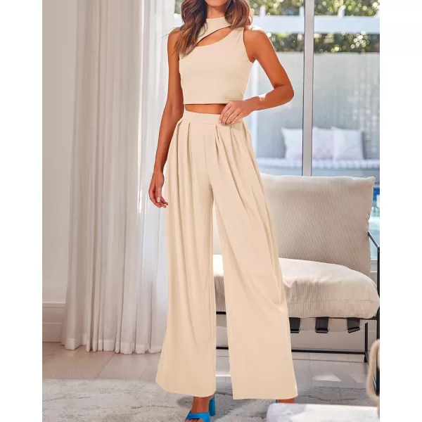 BTFBM Women 2 Piece Outfits Spring Summer Tracksuits Mock Neck Sleeveless Cutout Crop Top Wide Leg Long Pants SweatsuitsSolid Beige