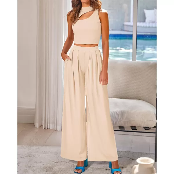 BTFBM Women 2 Piece Outfits Spring Summer Tracksuits Mock Neck Sleeveless Cutout Crop Top Wide Leg Long Pants SweatsuitsSolid Beige