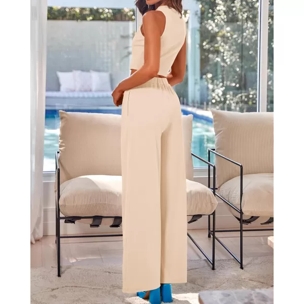 BTFBM Women 2 Piece Outfits Spring Summer Tracksuits Mock Neck Sleeveless Cutout Crop Top Wide Leg Long Pants SweatsuitsSolid Beige
