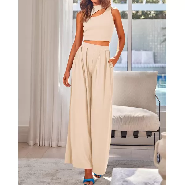 BTFBM Women 2 Piece Outfits Spring Summer Tracksuits Mock Neck Sleeveless Cutout Crop Top Wide Leg Long Pants SweatsuitsSolid Beige