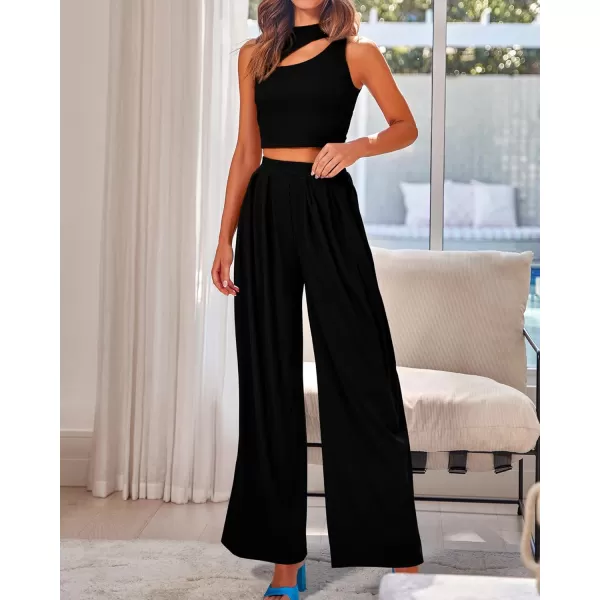 BTFBM Women 2 Piece Outfits Spring Summer Tracksuits Mock Neck Sleeveless Cutout Crop Top Wide Leg Long Pants SweatsuitsSolid Black