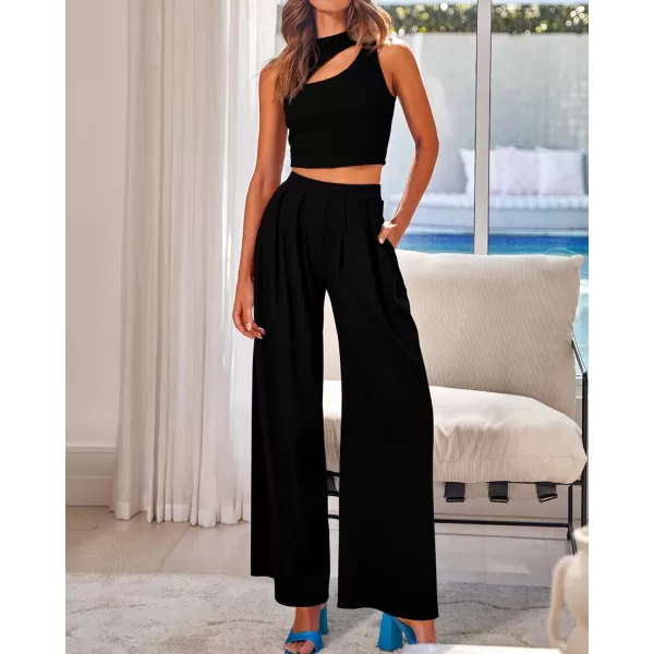 BTFBM Women 2 Piece Outfits Spring Summer Tracksuits Mock Neck Sleeveless Cutout Crop Top Wide Leg Long Pants SweatsuitsSolid Black