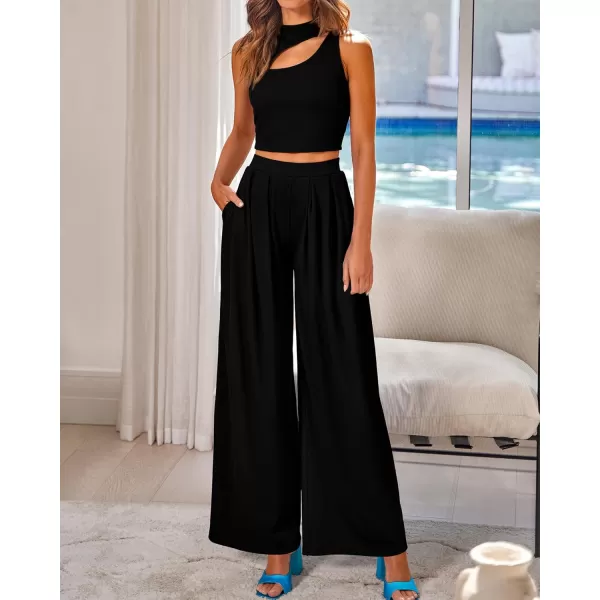 BTFBM Women 2 Piece Outfits Spring Summer Tracksuits Mock Neck Sleeveless Cutout Crop Top Wide Leg Long Pants SweatsuitsSolid Black