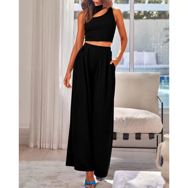 BTFBM Women 2 Piece Outfits Spring Summer Tracksuits Mock Neck Sleeveless Cutout Crop Top Wide Leg Long Pants SweatsuitsSolid Black