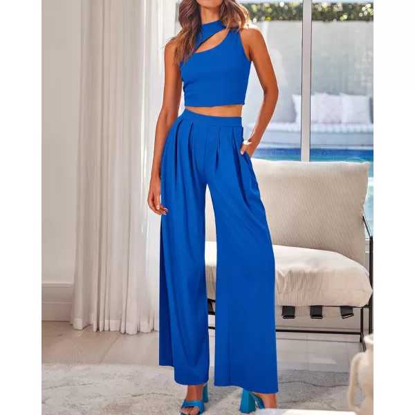 BTFBM Women 2 Piece Outfits Spring Summer Tracksuits Mock Neck Sleeveless Cutout Crop Top Wide Leg Long Pants SweatsuitsSolid Blue