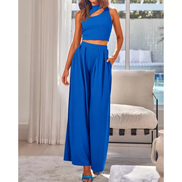 BTFBM Women 2 Piece Outfits Spring Summer Tracksuits Mock Neck Sleeveless Cutout Crop Top Wide Leg Long Pants SweatsuitsSolid Blue
