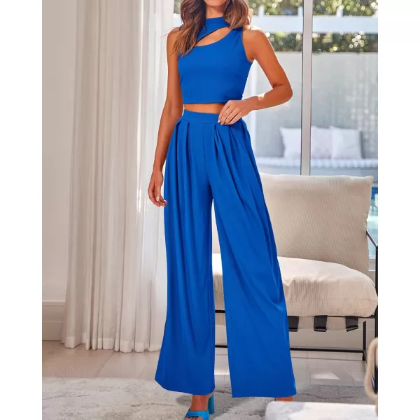BTFBM Women 2 Piece Outfits Spring Summer Tracksuits Mock Neck Sleeveless Cutout Crop Top Wide Leg Long Pants SweatsuitsSolid Blue
