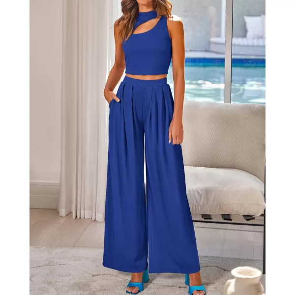 BTFBM Women 2 Piece Outfits Spring Summer Tracksuits Mock Neck Sleeveless Cutout Crop Top Wide Leg Long Pants SweatsuitsSolid Dark Blue