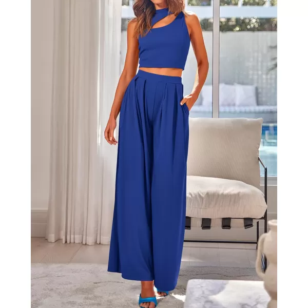 BTFBM Women 2 Piece Outfits Spring Summer Tracksuits Mock Neck Sleeveless Cutout Crop Top Wide Leg Long Pants SweatsuitsSolid Dark Blue