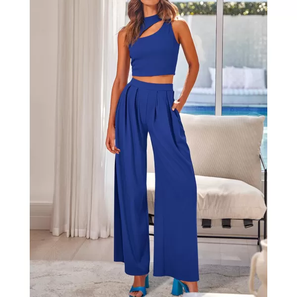BTFBM Women 2 Piece Outfits Spring Summer Tracksuits Mock Neck Sleeveless Cutout Crop Top Wide Leg Long Pants SweatsuitsSolid Dark Blue