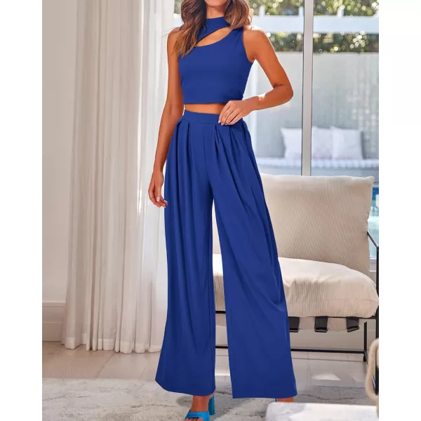 BTFBM Women 2 Piece Outfits Spring Summer Tracksuits Mock Neck Sleeveless Cutout Crop Top Wide Leg Long Pants SweatsuitsSolid Dark Blue