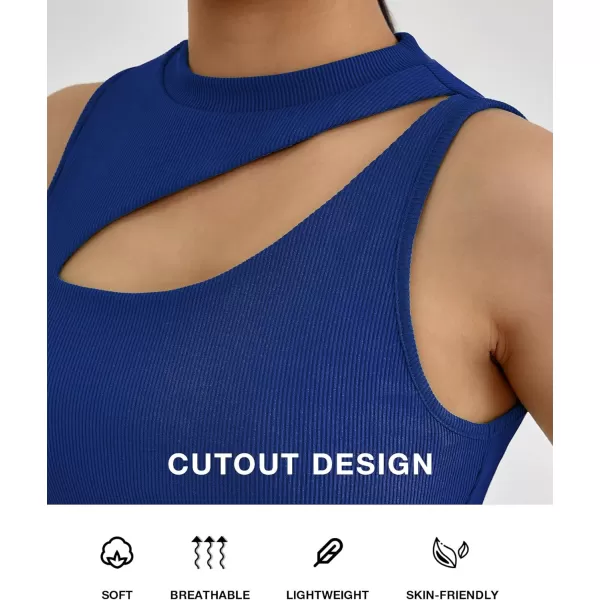 BTFBM Women 2 Piece Outfits Spring Summer Tracksuits Mock Neck Sleeveless Cutout Crop Top Wide Leg Long Pants SweatsuitsSolid Dark Blue